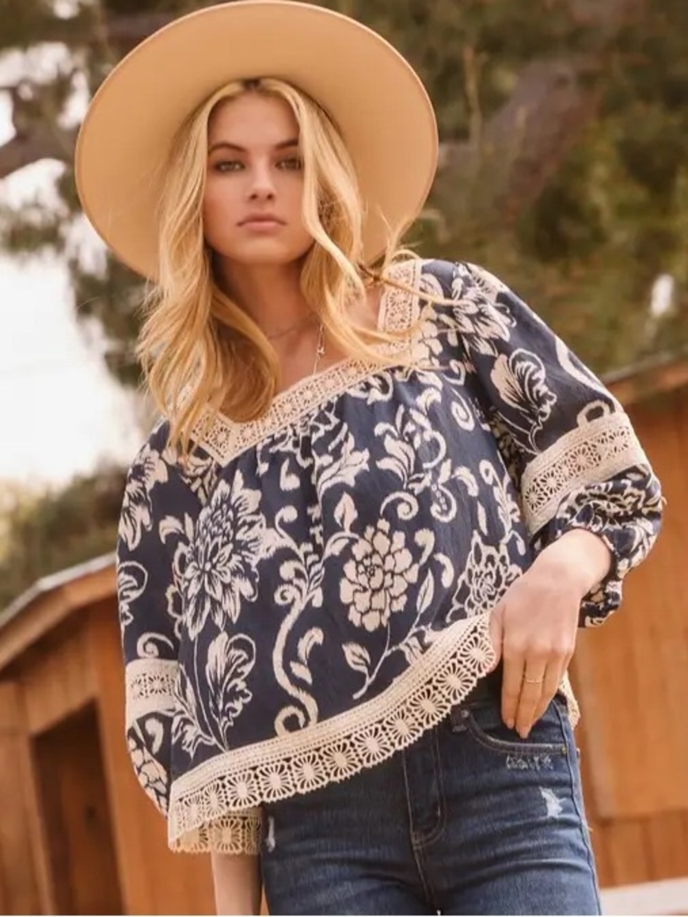 Nicole Miller Lace-Trim Paisley Floral Peasant Top